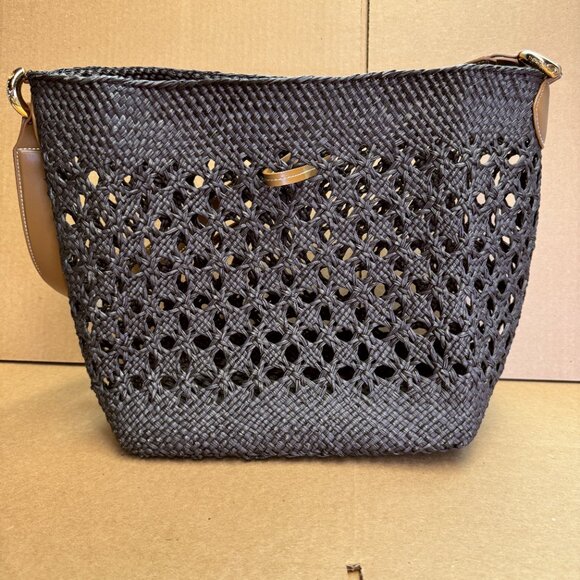 Themoire Phoebe Open Weave Straw Shoulder Bag - Black - Picture 6 of 9
